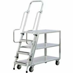 New Age Industrial New Age 99555 Aluminum Step Ladder, Stock Picker Cart 3 Flat Shelves