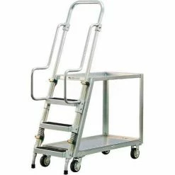 New Age Industrial New Age Stock Picker Cart w/Ladder & 2 Shelves, 800 lb. Cap, 51-1/2"L x 22"W x 69-1/2"H, Silver