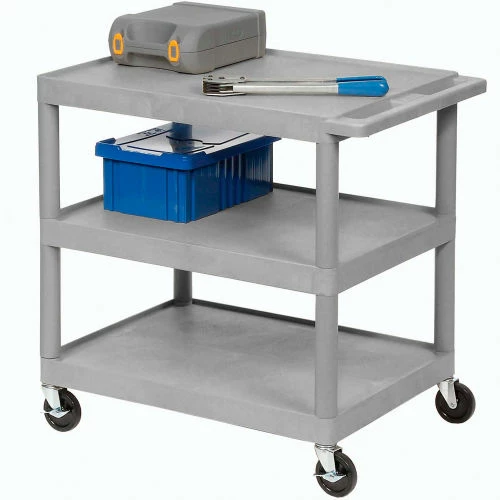 Luxor Plastic Utility Cart w/3 Shelves, 300 lb. Capacity, 32"L x 24"W x 33-1/2"H, Gray 2 Luxor Plastic Utility Cart w/3 Shelves, 300 lb. Capacity, 32"L x 24"W x 33-1/2"H, Gray - Image 2