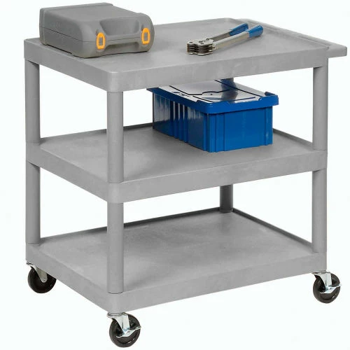 Luxor Plastic Utility Cart w/3 Shelves, 300 lb. Capacity, 32"L x 24"W x 33-1/2"H, Gray 4 Luxor Plastic Utility Cart w/3 Shelves, 300 lb. Capacity, 32"L x 24"W x 33-1/2"H, Gray - Image 4