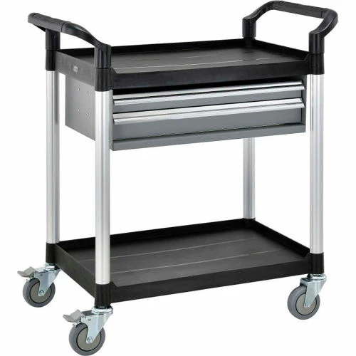 Global Industrial Utility Cart, 2 Shelves, 2 Drawers, 440 lb. Cap, 26"L x 17"W x 37"H, Black 1 Global Industrial Utility Cart, 2 Shelves, 2 Drawers, 440 lb. Cap, 26"L x 17"W x 37"H, Black