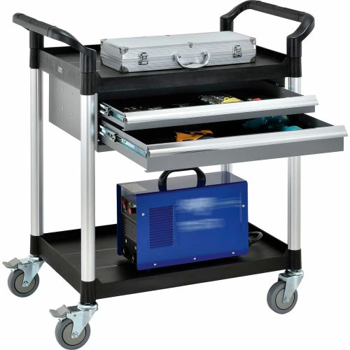 Global Industrial Utility Cart, 2 Shelves, 2 Drawers, 440 lb. Cap, 26"L x 17"W x 37"H, Black 2 Global Industrial Utility Cart, 2 Shelves, 2 Drawers, 440 lb. Cap, 26"L x 17"W x 37"H, Black - Image 2