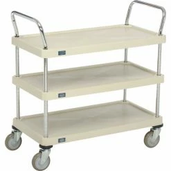 Nexel® Plastic Utility Cart w/3 Shelves & Poly Casters, 900 lb. Cap, 36"L x 18"W x 39"H, Tan