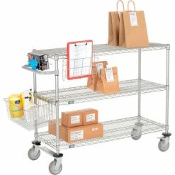 Nexelate® Curbside Cart w/3 Wire Shelves & Polyurethane Casters, 48"L x 18"W x 40"H