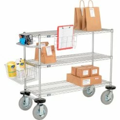 Nexelate® Curbside Cart w/3 Wire Shelves & Pneumatic Casters, 48"L x 18"W x 43"H
