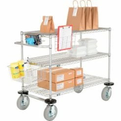 Nexel® Chrome Curbside Cart w/3 Shelves & Pneumatic Casters, 30"L x 24"W x 43"H