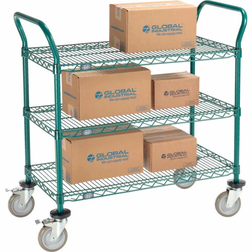 Nexel® Utility Cart, 3 Shelf, Poly-Green®, 36"L x 18"W x 39"H, Polyurethane Brake Casters 2 Nexel® Utility Cart, 3 Shelf, Poly-Green®, 36"L x 18"W x 39"H, Polyurethane Brake Casters - Image 2