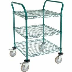 Nexel® Utility Cart, 3 Shelf, Poly-Green®, 24"L x 24"W x 39"H, Polyurethane Brake Casters