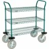Nexel® Utility Cart, 3 Shelf, Poly-Green®, 36"L x 18"W x 42"H, Pneumatic Rigid Casters