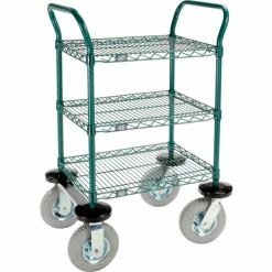 Nexel® Utility Cart, 3 Shelf, Poly-Green®, 24"L x 18"W x 42"H, Pneumatic Rigid Casters