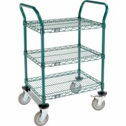 Nexel® Utility Cart, 3 Shelf, Poly-Green®, 24"L x 18"W x 39"H, Polyurethane Rigid Casters
