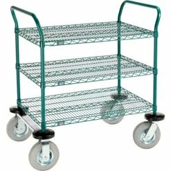Nexel® Utility Cart, 3 Shelf, Poly-Green®, 36"L x 24"W x 42"H, Pneumatic Rigid Casters