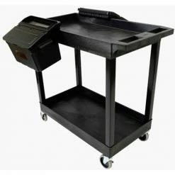 Luxor Tub Cart, Black, 32" x 18", 2 Shelves, 2 Outrigger Utility Cart Bins, 150 Lbs Shelf Cap.