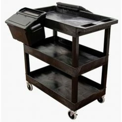 Luxor Tub Cart, Black, 32" x 18", 3 Shelves, 2 Outrigger Utility Cart Bins, 100 Lbs Shelf Cap.