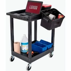 Luxor Plastic Utility Tub Cart, Two Shelves w/ Outrigging Utility Cart Bins, 24" x 18", Black