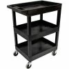 Luxor Plastic Utility Tub Cart, 24" x 18", Three Shelf, Black w/ 5" Heavy Duty Casters, 500 Lbs Cap.