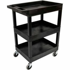 Luxor Plastic Utility Tub Cart, 24" x 18", Three Shelf, Black w/ 5" Heavy Duty Casters, 500 Lbs Cap.